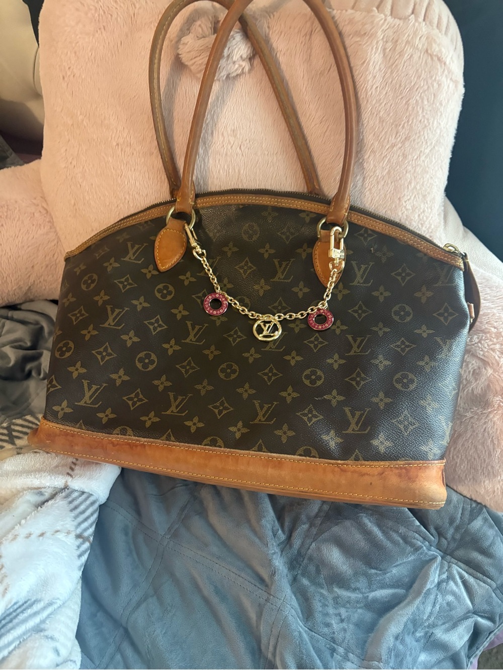 Louis Vuitton Brown Monogram Shoulder Bag with Gold Chain Charm and Pink Accents